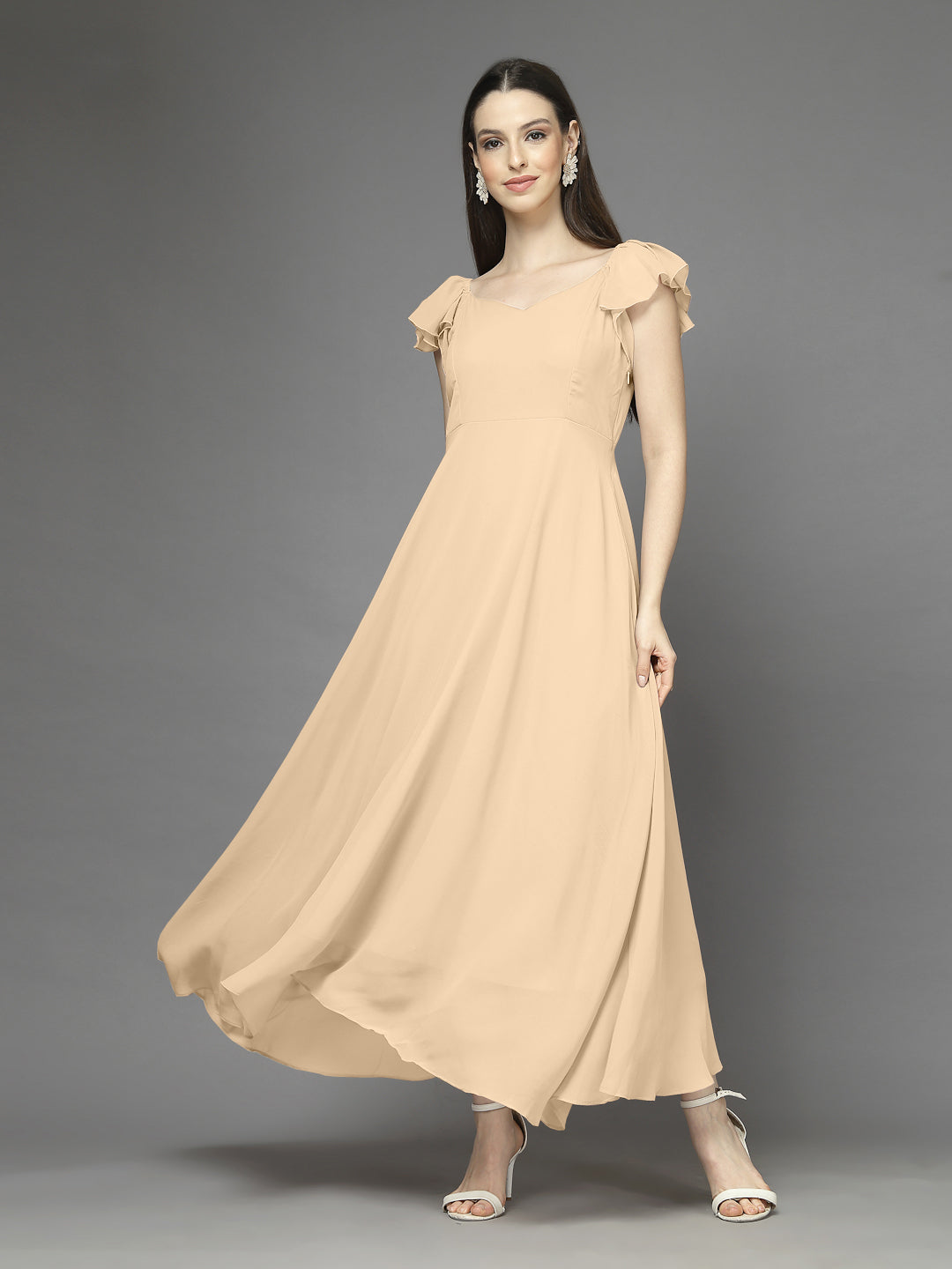 Solid Georgette Fit & Flare Dress Sleeveless, Sweetheart Neck Strape Frill Pattern