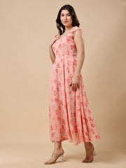 Georgette Printed Long Dress Sleeveless, V Neck Strape Frill Pattern