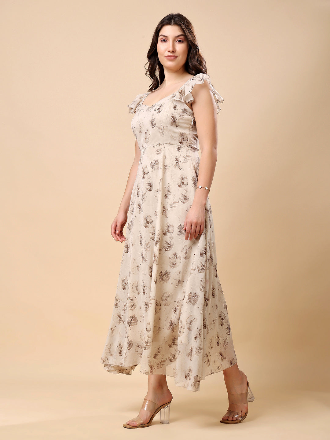 Georgette Printed Long Dress Sleeveless, V Neck Strape Frill Pattern