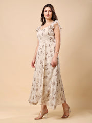 Georgette Printed Long Dress Sleeveless, V Neck Strape Frill Pattern