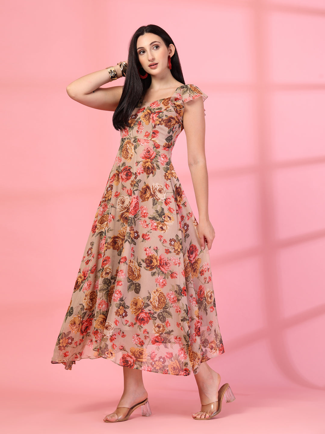 Georgette Printed Long Dress Sleeveless, V Neck Strape Frill Pattern
