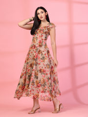 Georgette Printed Long Dress Sleeveless, V Neck Strape Frill Pattern