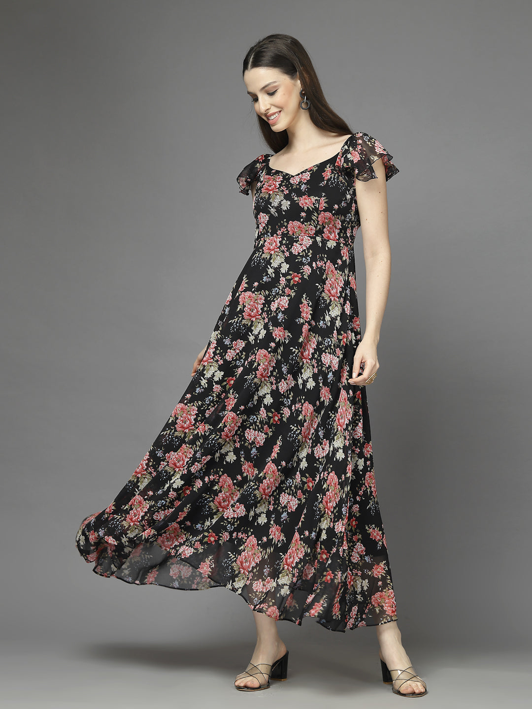 Georgette Printed Long Dress Sleeveless, V Neck Strape Frill Pattern