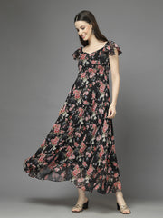 Georgette Printed Long Dress Sleeveless, V Neck Strape Frill Pattern