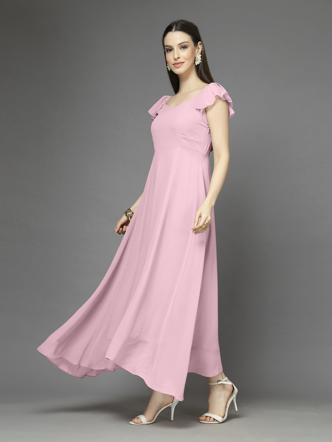 Solid Georgette Fit & Flare Dress Sleeveless, Sweetheart Neck Strape Frill Pattern