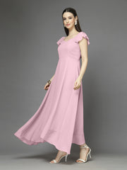 Solid Georgette Fit & Flare Dress Sleeveless, Sweetheart Neck Strape Frill Pattern