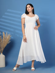 Solid Georgette Fit & Flare Dress Sleeveless, Sweetheart Neck Strape Frill Pattern