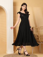 Zara Solid Sequin Fit & Flare Dress Sleeveless, Sweetheart Neck Strape Frill Pattern