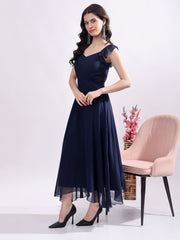 Solid Georgette Fit & Flare Dress Sleeveless, Sweetheart Neck Strape Frill Pattern
