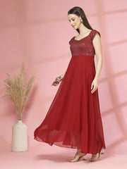 Zara Solid Sequin Fit & Flare Dress Sleeveless, Sweetheart Neck Strape Frill Pattern