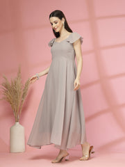 Solid Georgette Fit & Flare Dress Sleeveless, Sweetheart Neck Strape Frill Pattern