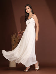 Solid Georgette Dress, Sleeveless, Striped Embroidery Pattern