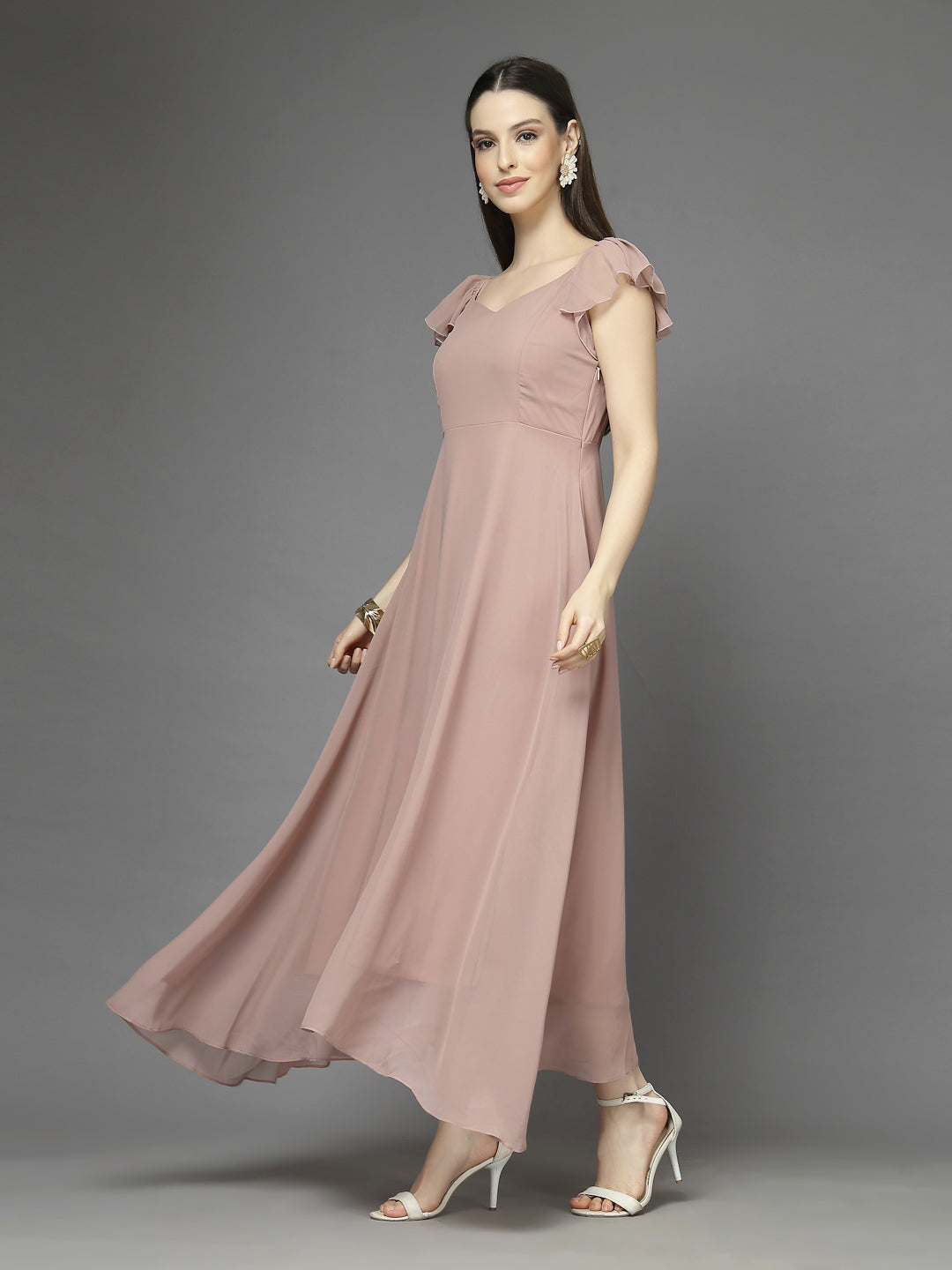 Solid Georgette Fit & Flare Dress Sleeveless, Sweetheart Neck Strape Frill Pattern
