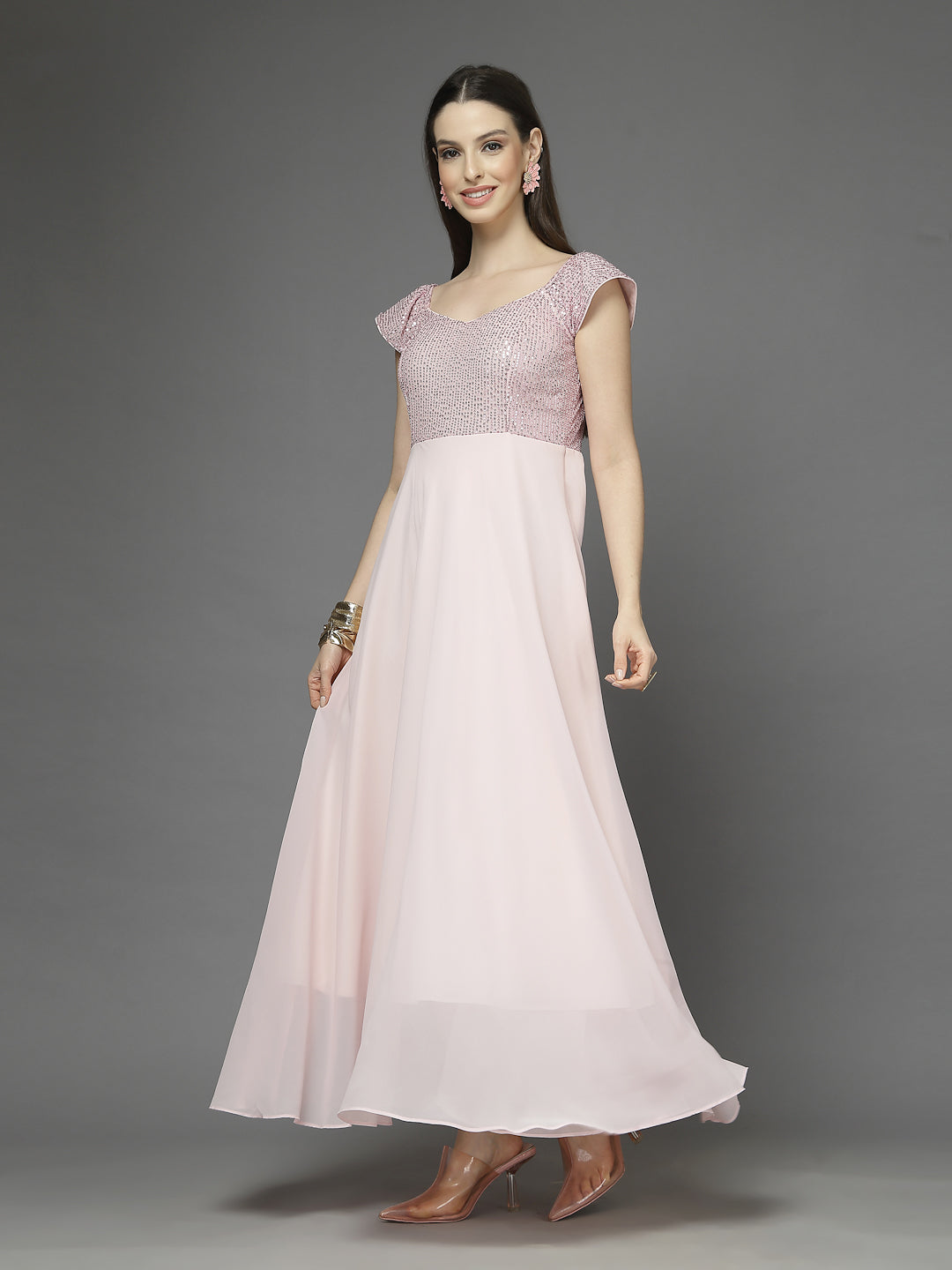 Zara Solid Sequin Fit & Flare Dress Sleeveless, Sweetheart Neck Strape Frill Pattern
