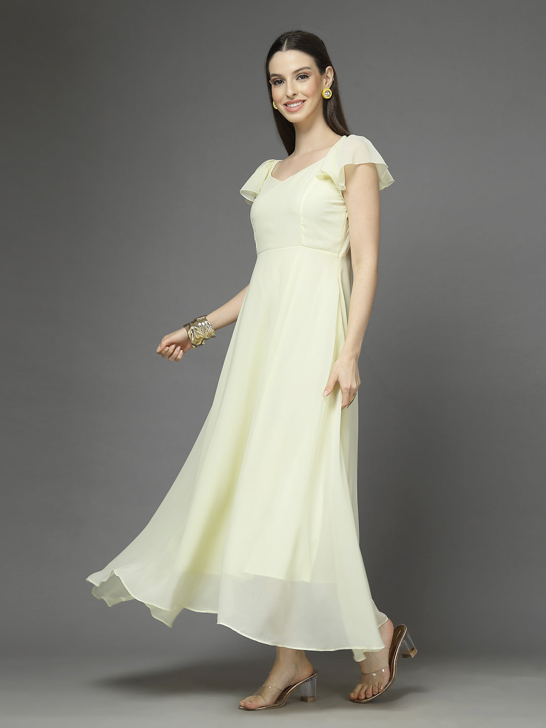 Solid Georgette Fit & Flare Dress Sleeveless, Sweetheart Neck Strape Frill Pattern