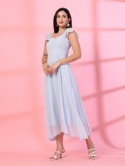 Solid Georgette Fit & Flare Dress Sleeveless, Sweetheart Neck Strape Frill Pattern