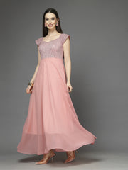 Zara Solid Sequin Fit & Flare Dress Sleeveless, Sweetheart Neck Strape Frill Pattern