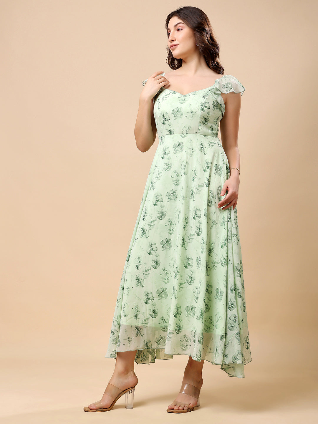 Georgette Printed Long Dress Sleeveless, V Neck Strape Frill Pattern