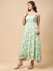 Georgette Printed Long Dress Sleeveless, V Neck Strape Frill Pattern