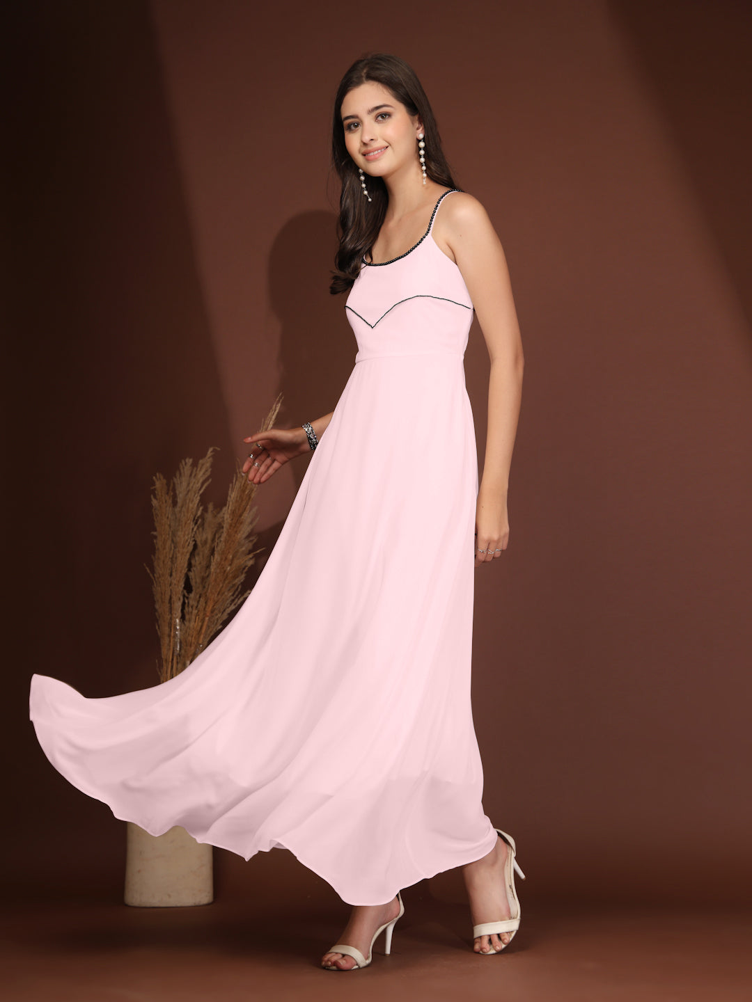 Solid Georgette Dress, Sleeveless, Striped Embroidery Pattern