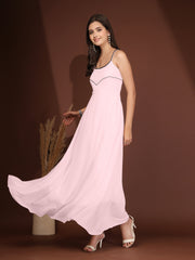 Solid Georgette Dress, Sleeveless, Striped Embroidery Pattern