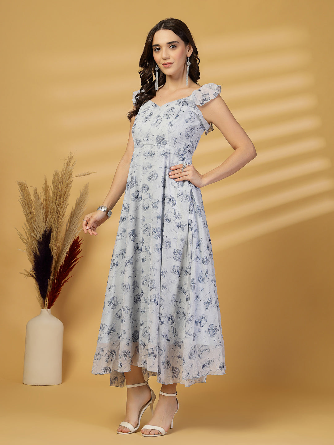 Georgette Printed Long Dress Sleeveless, V Neck Strape Frill Pattern