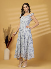 Georgette Printed Long Dress Sleeveless, V Neck Strape Frill Pattern