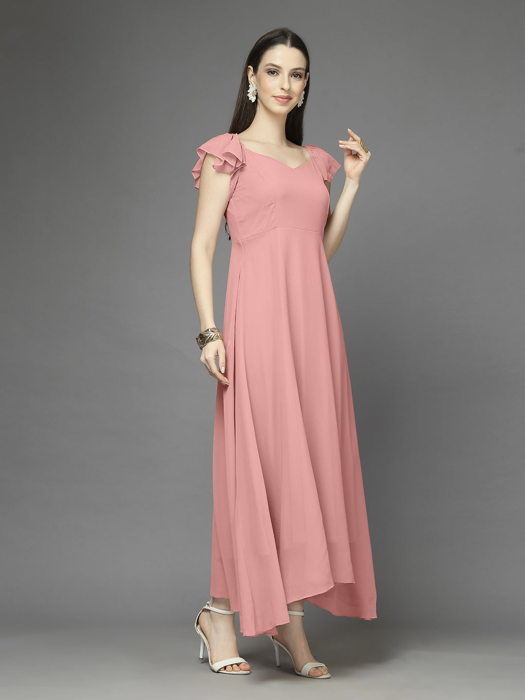 Solid Georgette Fit & Flare Dress Sleeveless, Sweetheart Neck Strape Frill Pattern