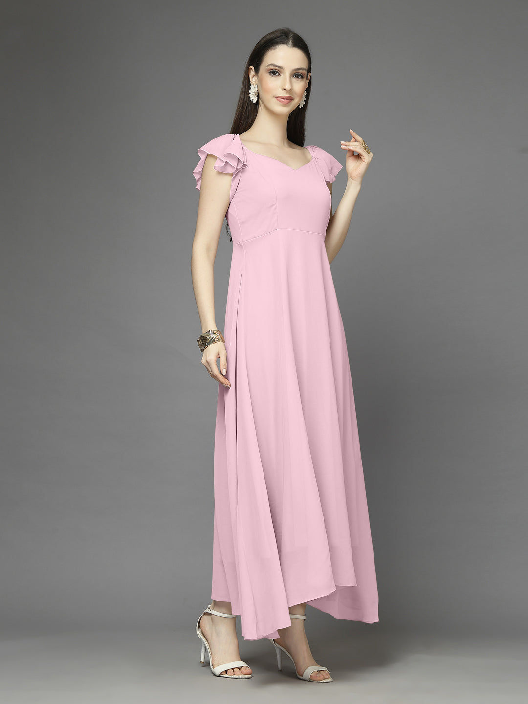 Solid Georgette Fit & Flare Dress Sleeveless, Sweetheart Neck Strape Frill Pattern