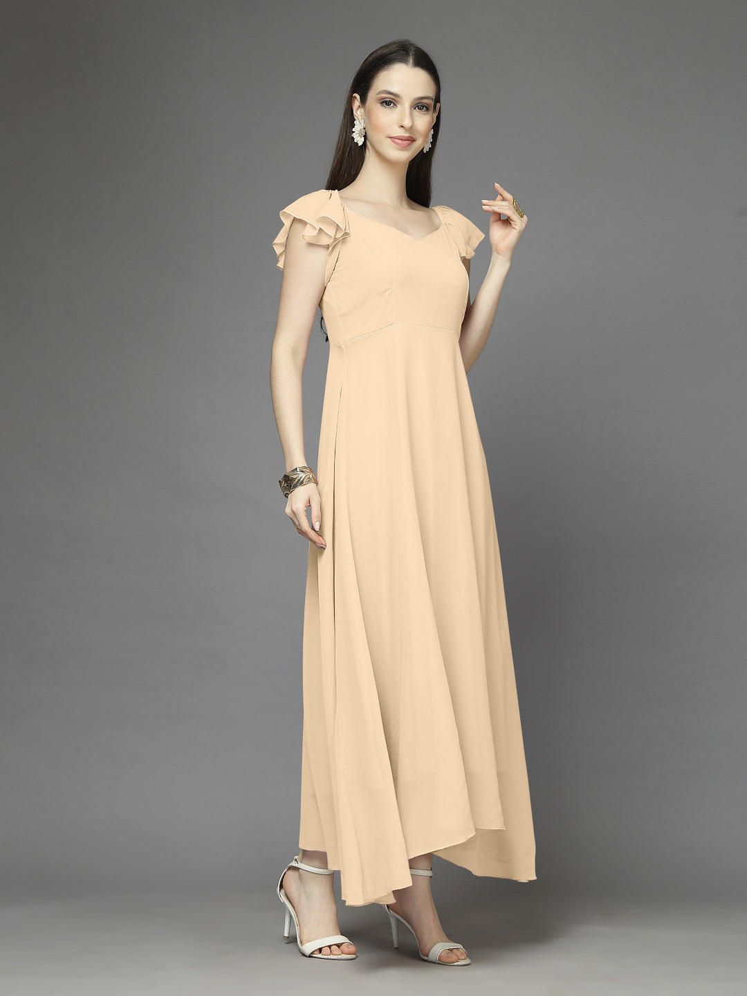 Solid Georgette Fit & Flare Dress Sleeveless, Sweetheart Neck Strape Frill Pattern