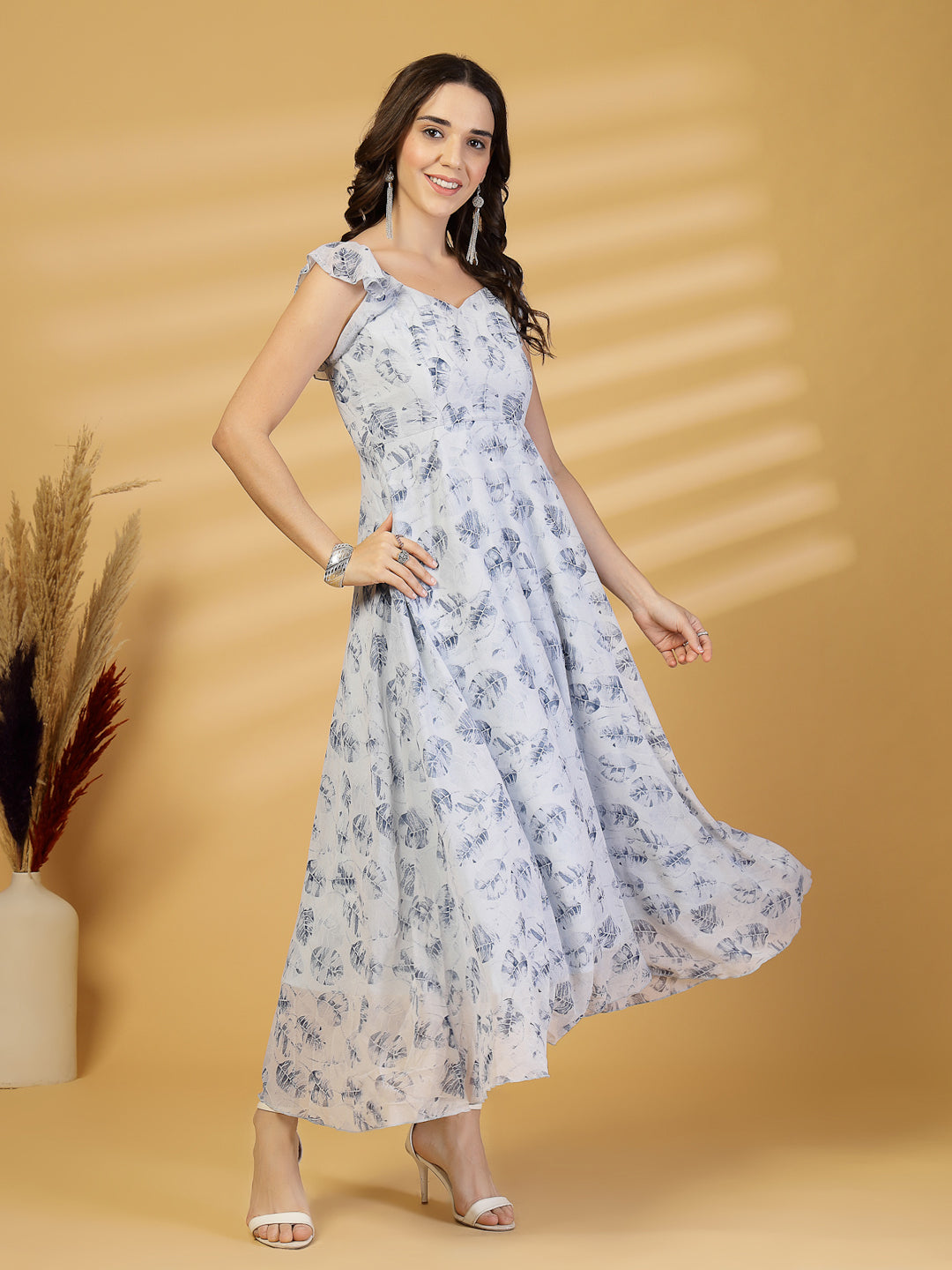 Georgette Printed Long Dress Sleeveless, V Neck Strape Frill Pattern