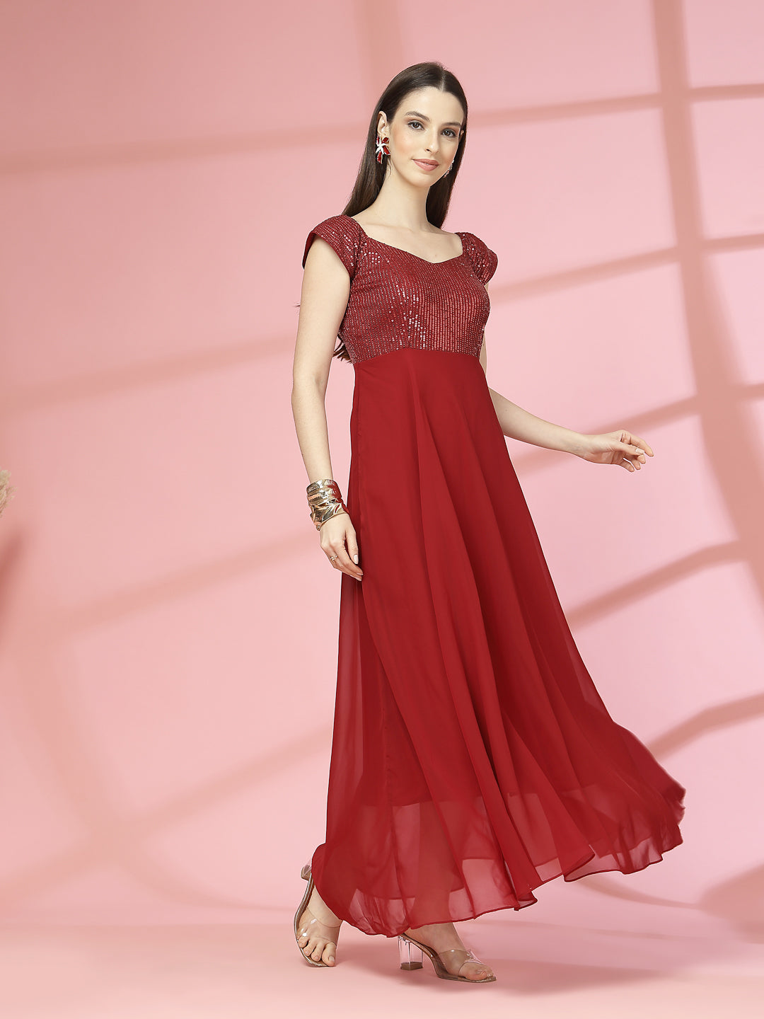 Zara Solid Sequin Fit & Flare Dress Sleeveless, Sweetheart Neck Strape Frill Pattern
