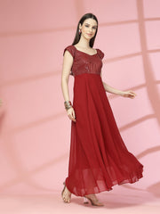 Zara Solid Sequin Fit & Flare Dress Sleeveless, Sweetheart Neck Strape Frill Pattern
