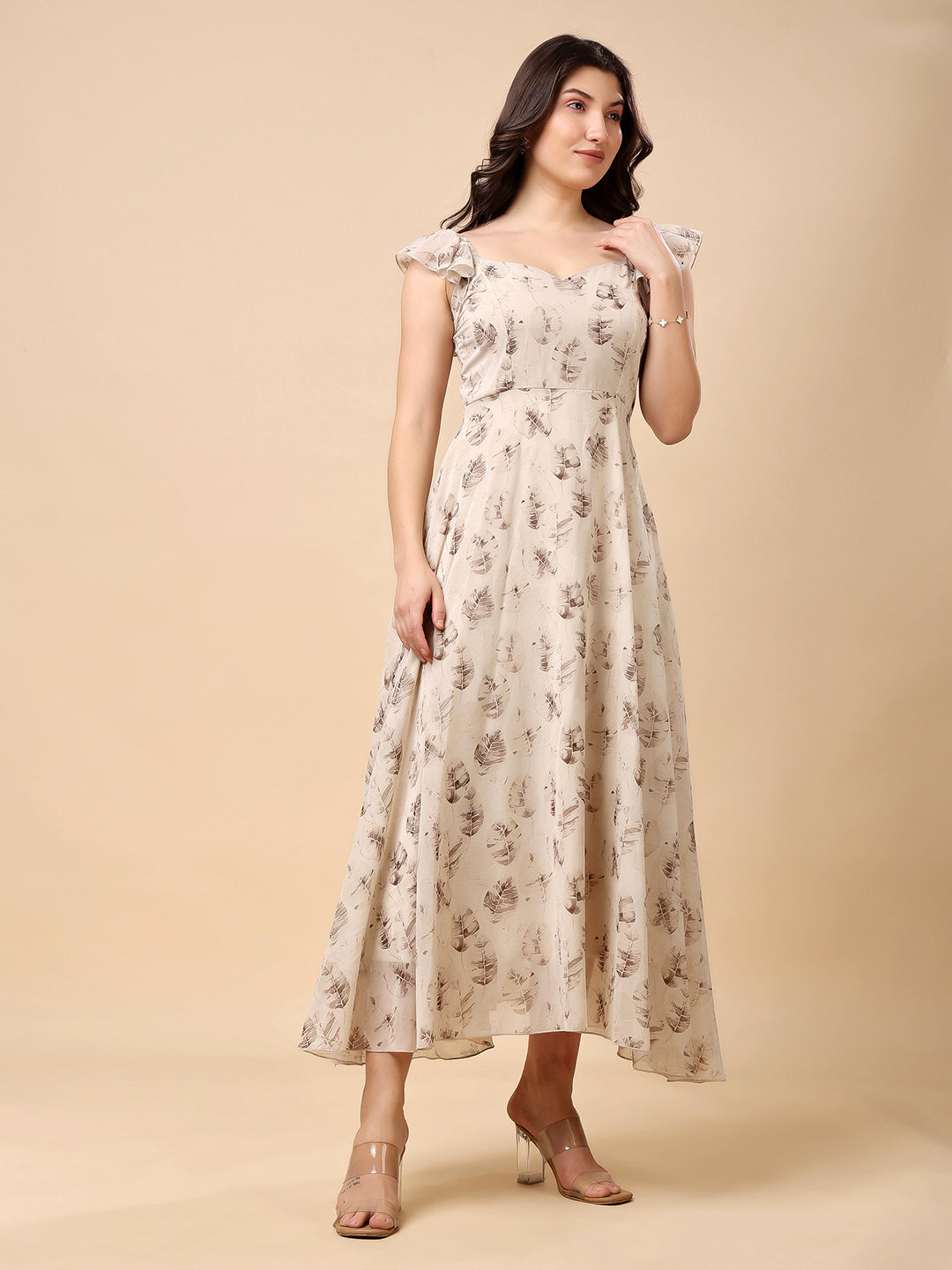 Georgette Printed Long Dress Sleeveless, V Neck Strape Frill Pattern