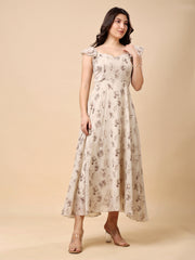 Georgette Printed Long Dress Sleeveless, V Neck Strape Frill Pattern