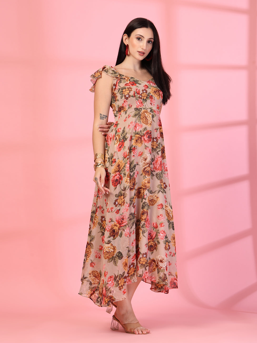 Georgette Printed Long Dress Sleeveless, V Neck Strape Frill Pattern