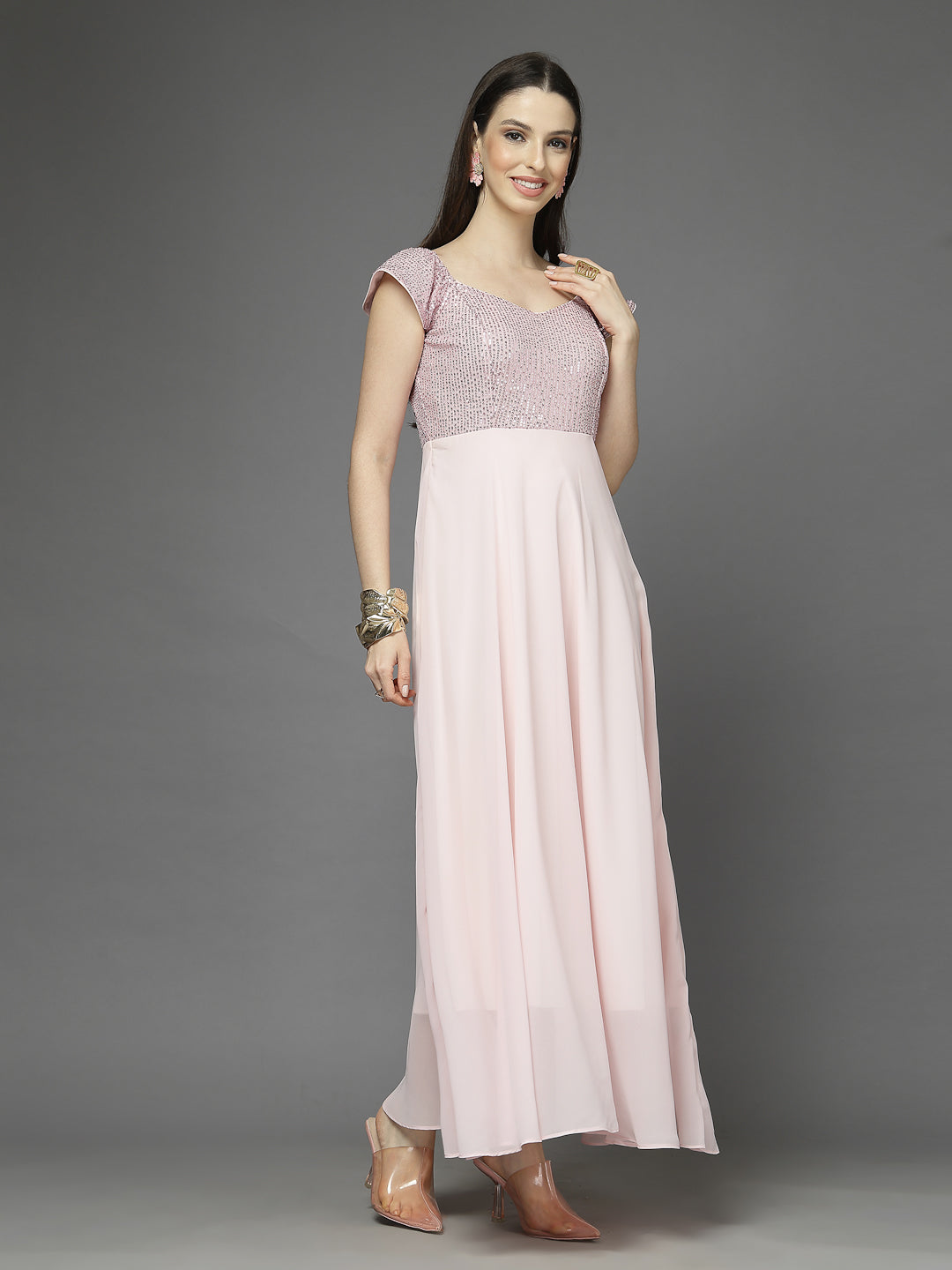 Zara Solid Sequin Fit & Flare Dress Sleeveless, Sweetheart Neck Strape Frill Pattern