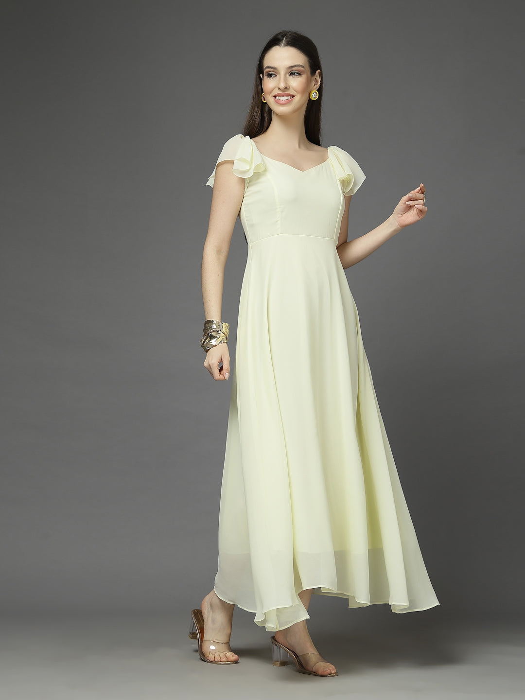 Solid Georgette Fit & Flare Dress Sleeveless, Sweetheart Neck Strape Frill Pattern