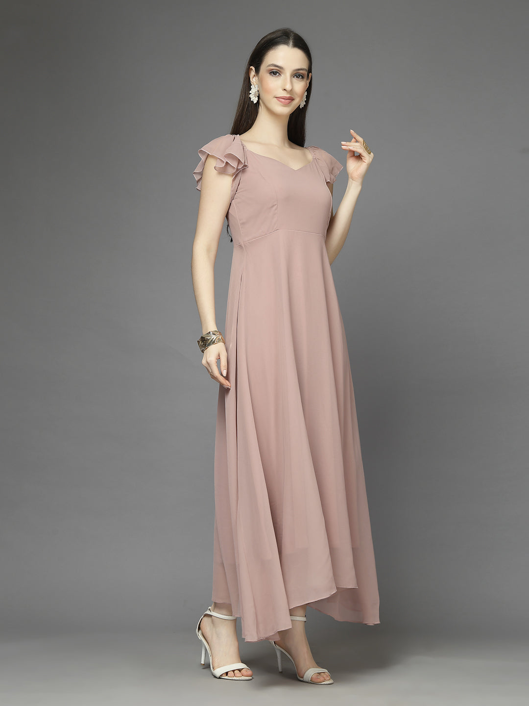 Solid Georgette Fit & Flare Dress Sleeveless, Sweetheart Neck Strape Frill Pattern
