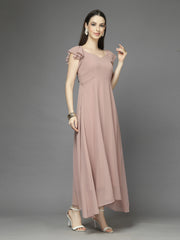 Solid Georgette Fit & Flare Dress Sleeveless, Sweetheart Neck Strape Frill Pattern