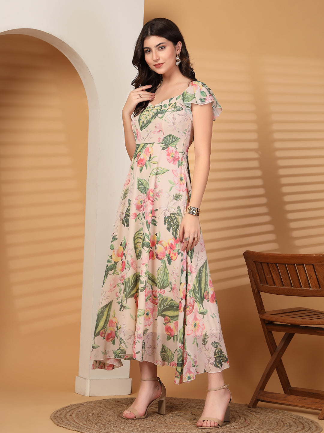 Georgette Printed Long Dress Sleeveless, V Neck Strape Frill Pattern