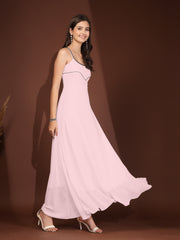 Solid Georgette Dress, Sleeveless, Striped Embroidery Pattern
