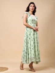 Georgette Printed Long Dress Sleeveless, V Neck Strape Frill Pattern