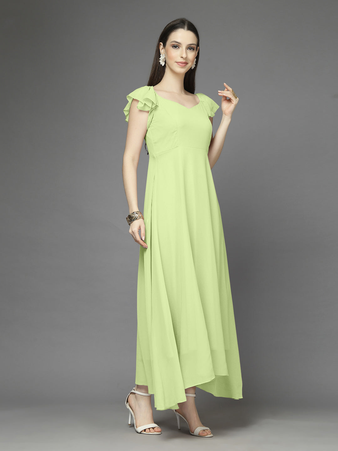 Solid Georgette Fit & Flare Dress Sleeveless, Sweetheart Neck Strape Frill Pattern