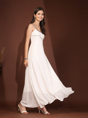 Solid Georgette Dress, Sleeveless, Striped Embroidery Pattern