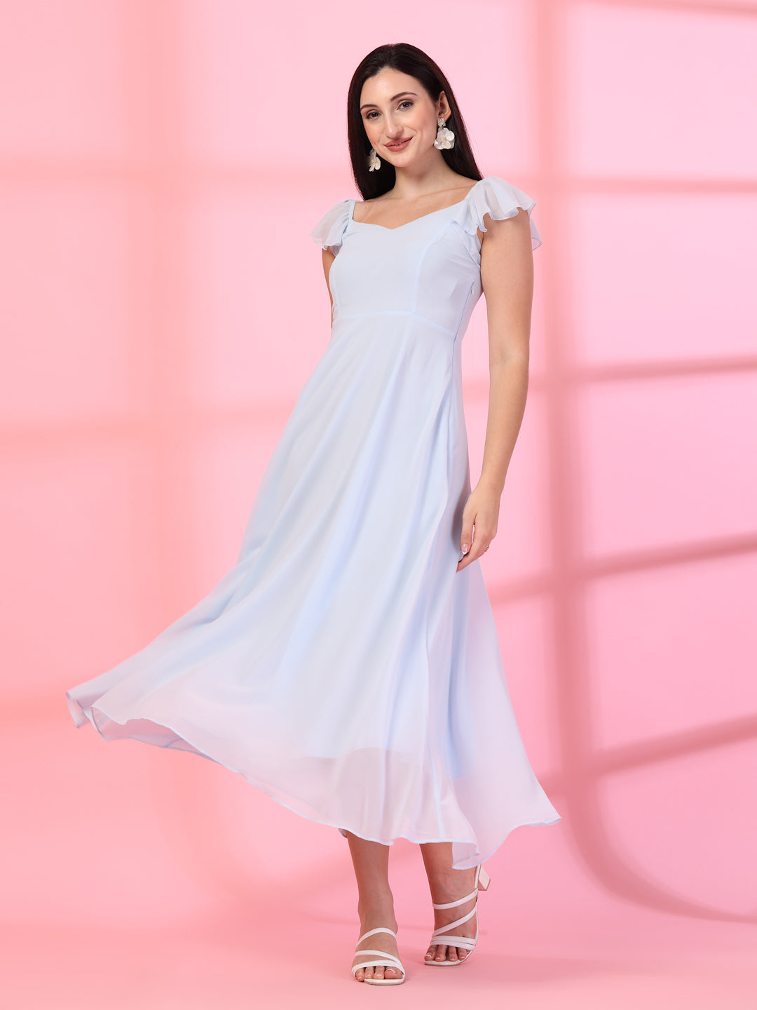 Solid Georgette Fit & Flare Dress Sleeveless, Sweetheart Neck Strape Frill Pattern