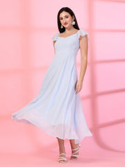 Solid Georgette Fit & Flare Dress Sleeveless, Sweetheart Neck Strape Frill Pattern