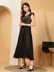 Zara Solid Sequin Fit & Flare Dress Sleeveless, Sweetheart Neck Strape Frill Pattern
