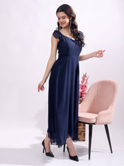 Solid Georgette Fit & Flare Dress Sleeveless, Sweetheart Neck Strape Frill Pattern