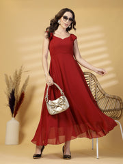 Solid Georgette Fit & Flare Dress Sleeveless, Sweetheart Neck Strape Frill Pattern